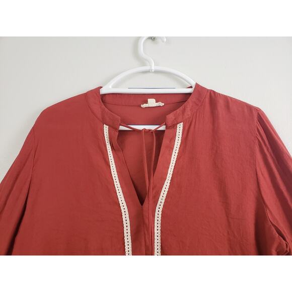 (O5) Cotton Bleu Womens Top Size L Pom Pom Peasant Boho Bohemia Tassel Rust - Picture 2 of 7
